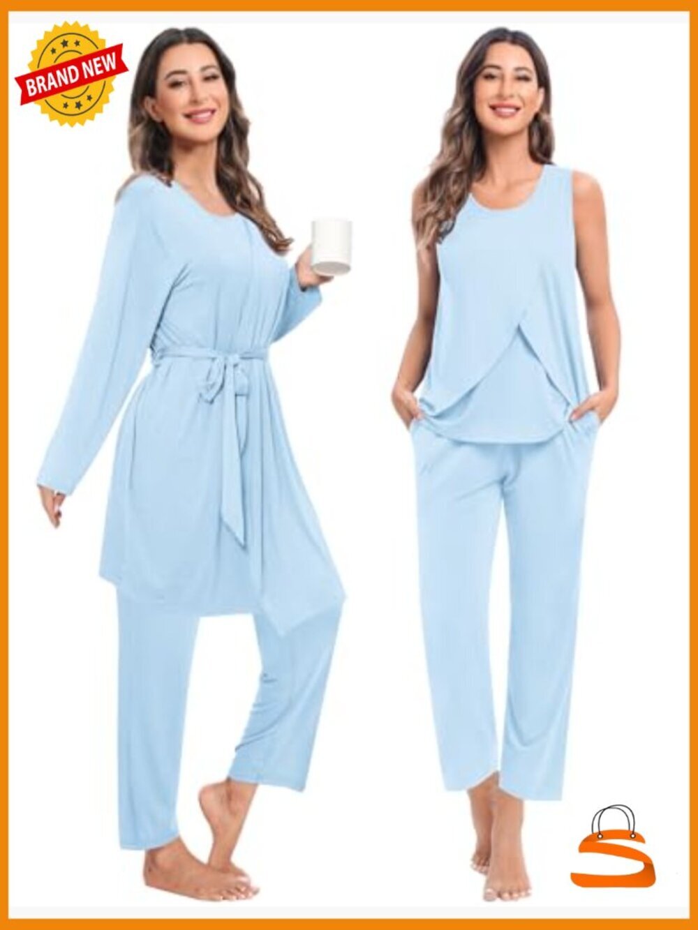 Maternity Nursing Robe Set 3 Pcs Postpartum Breastfeeding Pajamas Double Layer - Picture 4 of 7